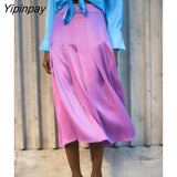 Yipinpay Vintage Womens Pleated Midi Skirt Female High Waist Chiffon Skirts Elegant Chic Solid Pleated Skirt Elastic Waist Skirt
