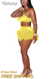 Yipinpay Feather Fringe Shorts Crop Top Two Piece Set Summer Women Sexy Bodycon Tracksuit Party Outfits 2023 Swimsuit Cover-up