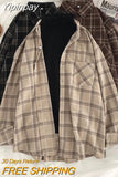 Yipinpay Vintage Women Plaid Shirts Autumn Long Sleeve Oversize Button Up Tops Korean Loose Casual Fall Outwear Femme Shirts