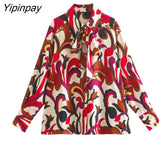 Yipinpay Women Printed Shirt Blouses 2023 Spring Summer Bow Turn Down Collar Long Sleeved Tops Vintage Single Breasted T-Shirts