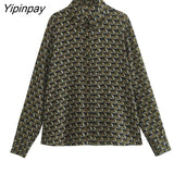 Yipinpay Elegant Geometric Print Skirt Sets 2023 Vintage Soft Long Sleeve Blouse Female Casual Folds A-line Skirt Lady Suit