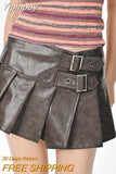 Yipinpay Women's Leather Skirt Fashion 2024 New Y2k Korean Low Rise Mini Skirt Knee Length Female Sexy Pleated Skirts Dark Brown Black