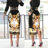 Yipinpay Women Elegant  Allover Print Palace Totem Round Neck Small Silt Pocket Bodycon Midi Working Dress