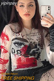 yipinpay Mesh Top Women Streetwear Long Sleeve Graphic Tee See Through O Neck Tops Slim Anime T-shirt Sexy Crop Top Women Clothing
