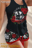 Yipinpay Skull Rose Print Drawstring Pajamas Set 2023 summer women's two piece sets female suit