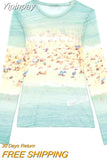 Yipinpay Fashion Print Mesh Women Top 2023 Summer Female O-Neck Long Sleeve Casual Skinny Tops Ladies Chic Elegant Slim Top