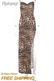 Yipinpay Mo Leopard Print High Split V-Neck Sexy Bodycon Long Dress Women Lace Up Backless Dresses Female Straps Party Vestidos
