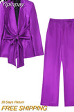 Yipinpay Women 2023 Purple Satin Blazer Woman Tied Office Elegant Female Blazer Sets Fashion Long Sleeve Autumn Jacket Female Suit