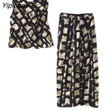 Yipinpay 2023 New Fashion Women Printed Skirts Sets Summer Casual Sleeveless Plaid Top Side Mid-Calf Skirts High Street Outwear