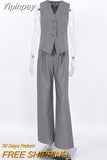 Yipinpay Gray Office Two Pieces Pants Suits Blazers Vest And Wide Leg Pants Women Sets Business Casual Ladies Outfits 2023
