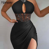 Yipinpay Women Solid Elegant Halter Rhinestone Bright Line Decoration Criss Cross Lace Patch Keyhole Bodycon Party Sexy Dress