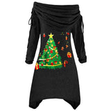 Yipinpay Large Women's Long-Sleeved Christmas Tree Printed Pleated Collar Irregular Long Rope Autumn And Winter Knitted Dress