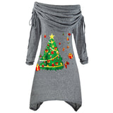 Yipinpay Large Women's Long-Sleeved Christmas Tree Printed Pleated Collar Irregular Long Rope Autumn And Winter Knitted Dress