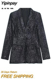 Yipinpay Black Sequin Blazer Woman Tailoring Glitter Blazer Women Fashion Office Elegant Womens Jackets Winter Women's Formal Jacket