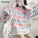 Yipinpay New Spring Women T-shirt Long Sleeve Loose Harajuku Sweet Cute Color Stripes Thin Female Tops Pullovers Causal