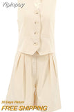 Yipinpay Beige Cotton Linen Blazer Suits 2-Piece Office Outfits Button Tank Tops And Wide Legs Shorts Casual Sets Summer 2023
