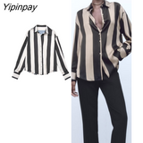 Yipinpay Fashion 2023 Autumn Women Striped Print Blouses Casual Loose Thin Tops Vintage Single Breasted Long Sleeve T-Shirts