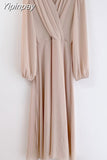 Yipinpay pleated V neck long dress Puff sleeve A-line chiffon robe Korean chic retro elegant slim spring 2023 autumn office dresses