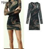 Yipinpay 2023 Women Mini SexyTulle Dresses Spring Summer Elegant Party Sheath Slim Dress Long Sleeve O-Neck Vestidos