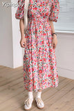 Yipinpay Sleeve Floral Maxi Dress Square Collar a Line Cotton Robe Summer 2023 Boho Plus Size Midi Elegant Korean Harajuku Sukienki