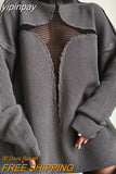 yipinpay Y2K Pullover Knitted Oversized Jumper Tops Hollow Out Patchwork Long Sleeve Turtleneck Winter 2023 Sweater Casual Tops 0407