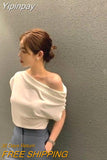 Yipinpay Shirts for Women White Diagonal Collar Crop Tops Off Shoulder Short Sleeve Tshirt Lady Korean Wild OL Pleated T-shirts