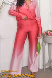 Yipinpay Loose Gradient Blouse 2 Piece Set Elegant Satin Long Sleeve Shirt Straight Pant Outfits 2023 Spring High Street Lady Suit