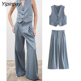 Yipinpay Women Fashion Spring Blazer Vest Pants Sets 2023 Casual Single Breasted Vest Top High Waist Zipper Wide Leg Pants Outwear