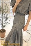 Yipinpay Waist Bodycon Fishtail Skirts Sets Vintage Mermaid Short Sleeve Plaid Shirt Beach Outfits for Women 2 Sets Crop Tops Blouse