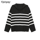 Yipinpay Fashion Ladies Striped Knitted Sweater 2023 Autumn Winter Sailor Collar Pullover Tops Long Sleeve Casual Streetwear