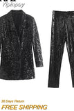 Yipinpay Black Sequin Blazer Woman Glitter Long Blazer Women Double Breasted Elegant Suits For Women 2023 Long Sleeve Women's Jacket