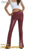 Yipinpay Sexy Women PU Leahter Flare Pants Autumn Fashion Solid Color High Waist Slim Split Hem Bell-Bottoms Trousers Streetwear