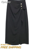 Yipinpay Black Midi Skirt Woman Golden Buttons Long Skirts For Women Fashion 2023 High Waist Slit Skirt Elegant Women's Skirts