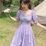 Yipinpay Summer/Spring Dress Women 2023 New Square Collar Puff Sleeve Purple and White Thin Sweet French Dress Vestidos De Mujer