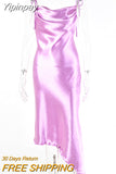 Yipinpay mo Metallic Satin Straps Long Dress Summer Backless Women Asymmetrical Dress Female Elegant Christmas Party Vestidos