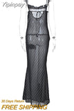 Yipinpay Summer Dot See Through Long Dress Women Lace Up Backless Sexy Long Dresses Elegant Femme Sheer Mesh Beach Party Sundress