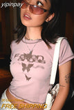 yipinpay Sleeve T-shirts Y2K Baby Tees O Neck Kawaii Tops Women Streetwear Stitch Crop Top Woman Clothes 2023 Summer Butterfly Top