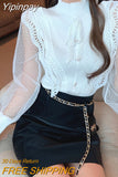 Yipinpay Long Sleeve Stand Black Chiffon Shirts Short Slim Vintage Blusas Mujer Patchwork Blouse White Mesh Dot Polka Knitted Top