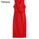 Yipinpay Elegant Women Solid Folds Mid-Calf Dresses 2023 Summer Fashion O-neck Sleeveless Dress Back Zipper Straght Vestidos