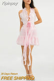 Yipinpay Sexy Women Sleeveless Halterneck Dress Summer Ruffled Flower Ruched Cocktail Party Dress With Tassels For Club Streetwear