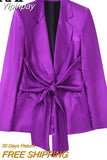 Yipinpay Women 2023 Purple Satin Blazer Woman Tied Office Elegant Female Blazer Sets Fashion Long Sleeve Autumn Jacket Female Suit