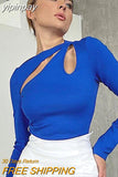 yipinpay Top Women Long Sleeve T Shirt Hollow Out T-Shirts Autumn Winter Clothes Solid Basic Blue Streetwear White Crop Top