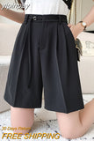 yipinpay Women High Waist Wide Leg Shorts Pants Loose Elegant Office Ladies Suit Shorts Solid Color Pockets Black Slim Pants