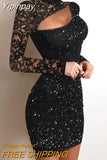 Yipinpay for women 2023 elegant high quality Glitter Contrast Lace Cutout Bodycon slim skinny Dress evening Party dresses Sexy