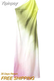 Yipinpay Tie Dye Long Dress Women Asymmertic Satin Backless Dress Woman Off Shoulder Sexy Evening Party Dresses Midi Summer Dresses