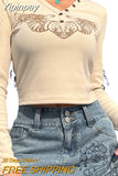 Yipinpay Women T-shirts Fall Winter 2023 Sexy Crop Top 2000s Clothes y2k Graphic Fairy Grunge Vintage Long Sleeve Top Streetwear