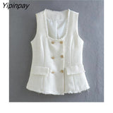 Yipinpay New Women Solid Vest Blazer Suit Set 2023 Spring Double Breasted Sleeveless Jackets Side Zipper Pencil Pants
