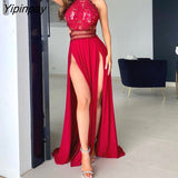 Yipinpay Women Glamorous Halter Lace High Silt Sleeveless Asymmetrical Sexy Party Wedding Red Dress