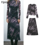 Yipinpay Fashion 2023 Spring Autumn Ladies Tulle Printed Sets Folds O-Neck Top A-Line Mid-Calf Skirts Long Sleeve Casual Suits