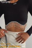 Yipinpay Rhinestone Tassel Crop Tops Women Autumn Slim Solid O Neck Female T-shirts Chic Elegant Long Sleeve Tees T-shirt Pullover